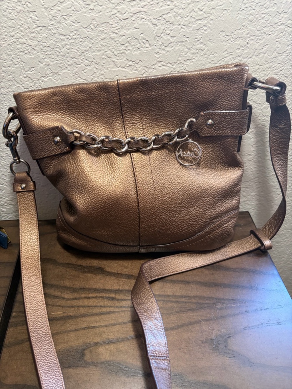 Coach North South Bronze Metallic Leather Convertible Chain Crossbody Bag